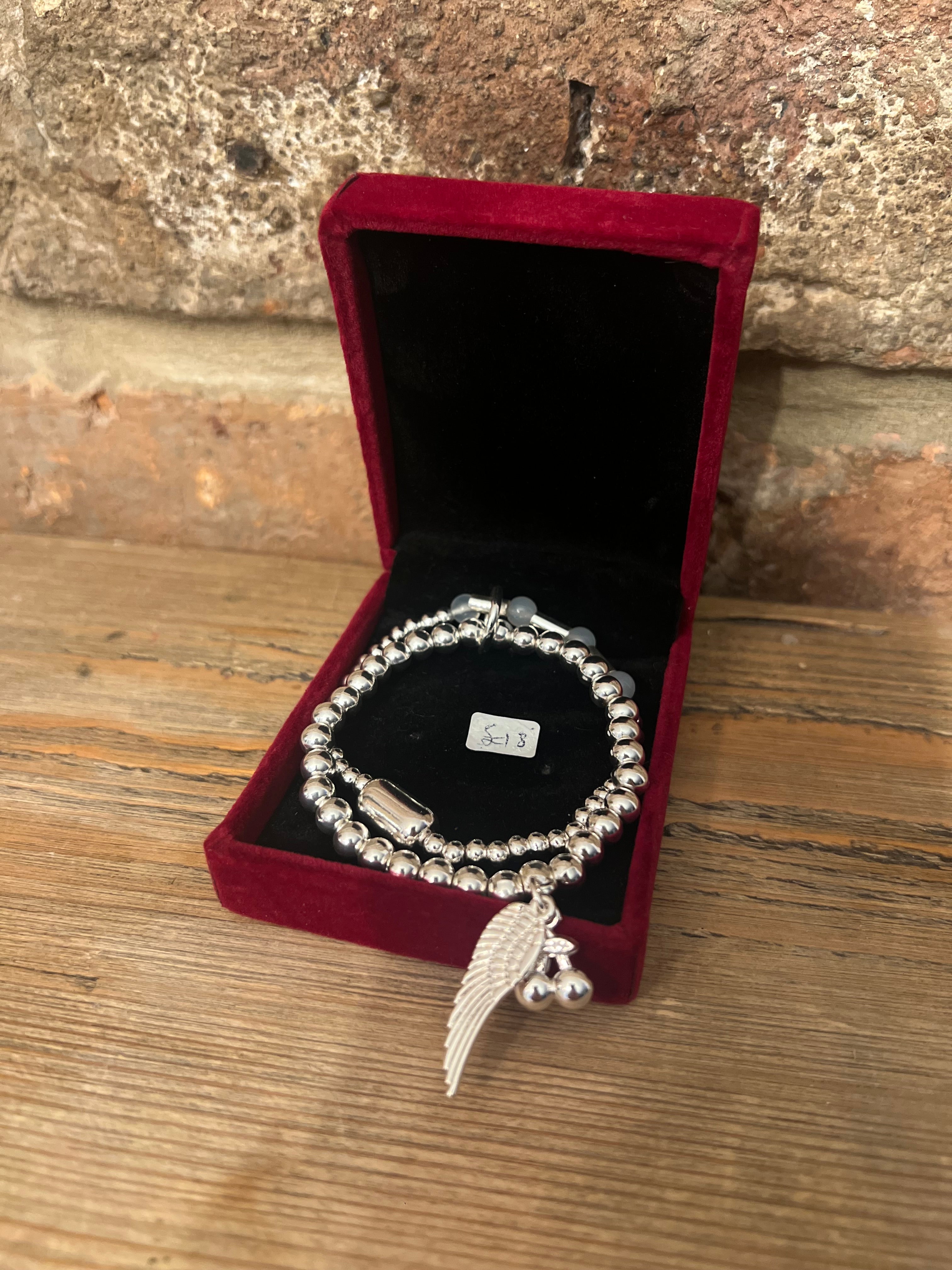 Double Silver Bracelet with Angel Wing and Cherry charms