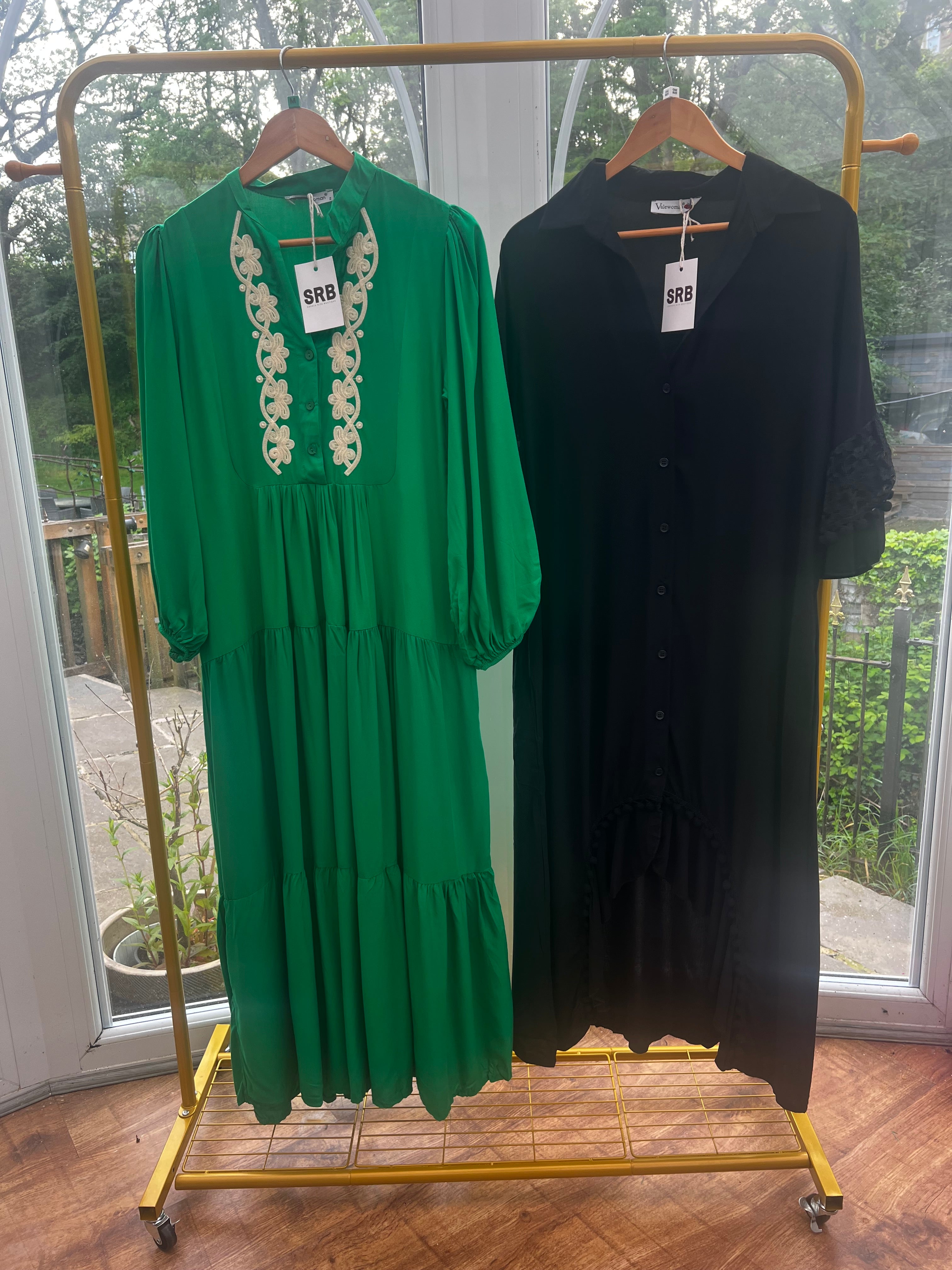 Green and black maxi dresses