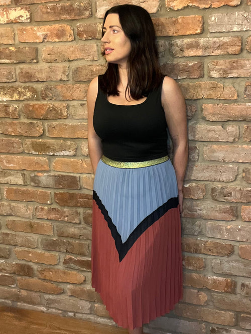 Blue & Burgundy Skirt with Gold Sparkle Waistband