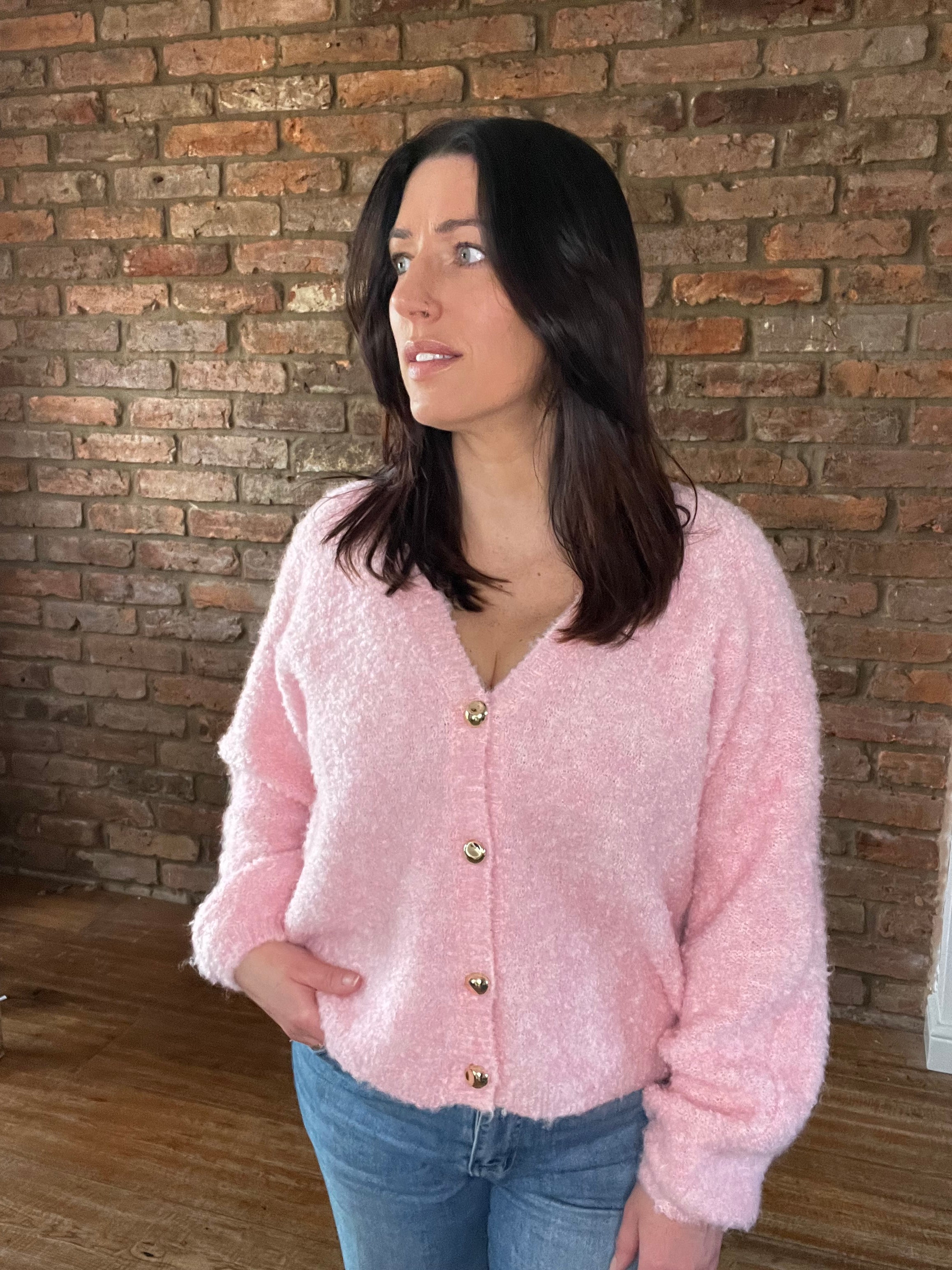 Pink fluffy cardigan with gold button detail