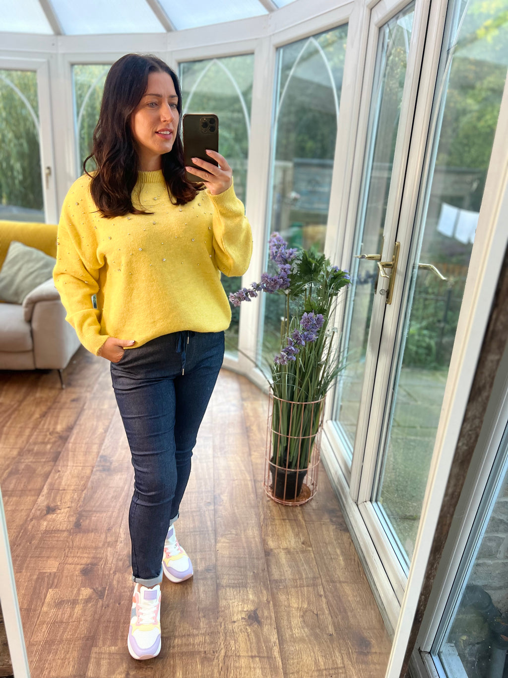 Yellow embellished knit jumper
