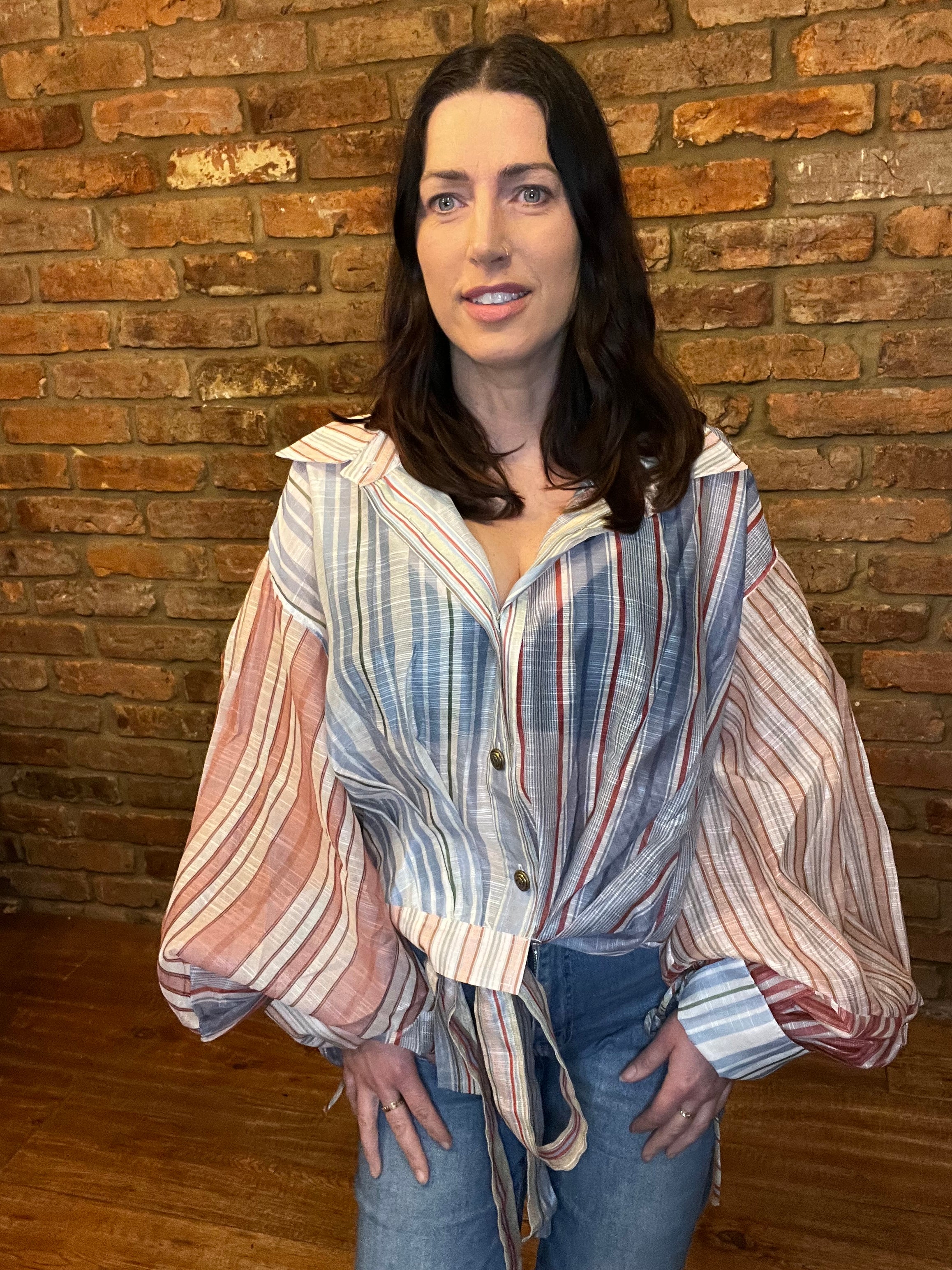 Stripped shirt with puff ball sleeves