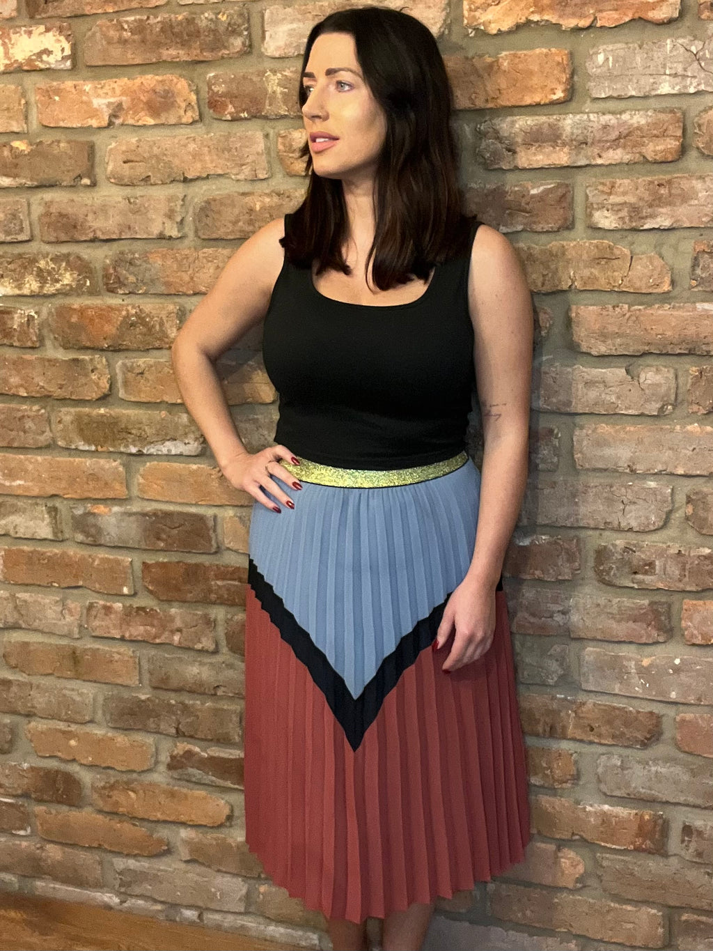 Blue & Burgundy Skirt with Gold Sparkle Waistband