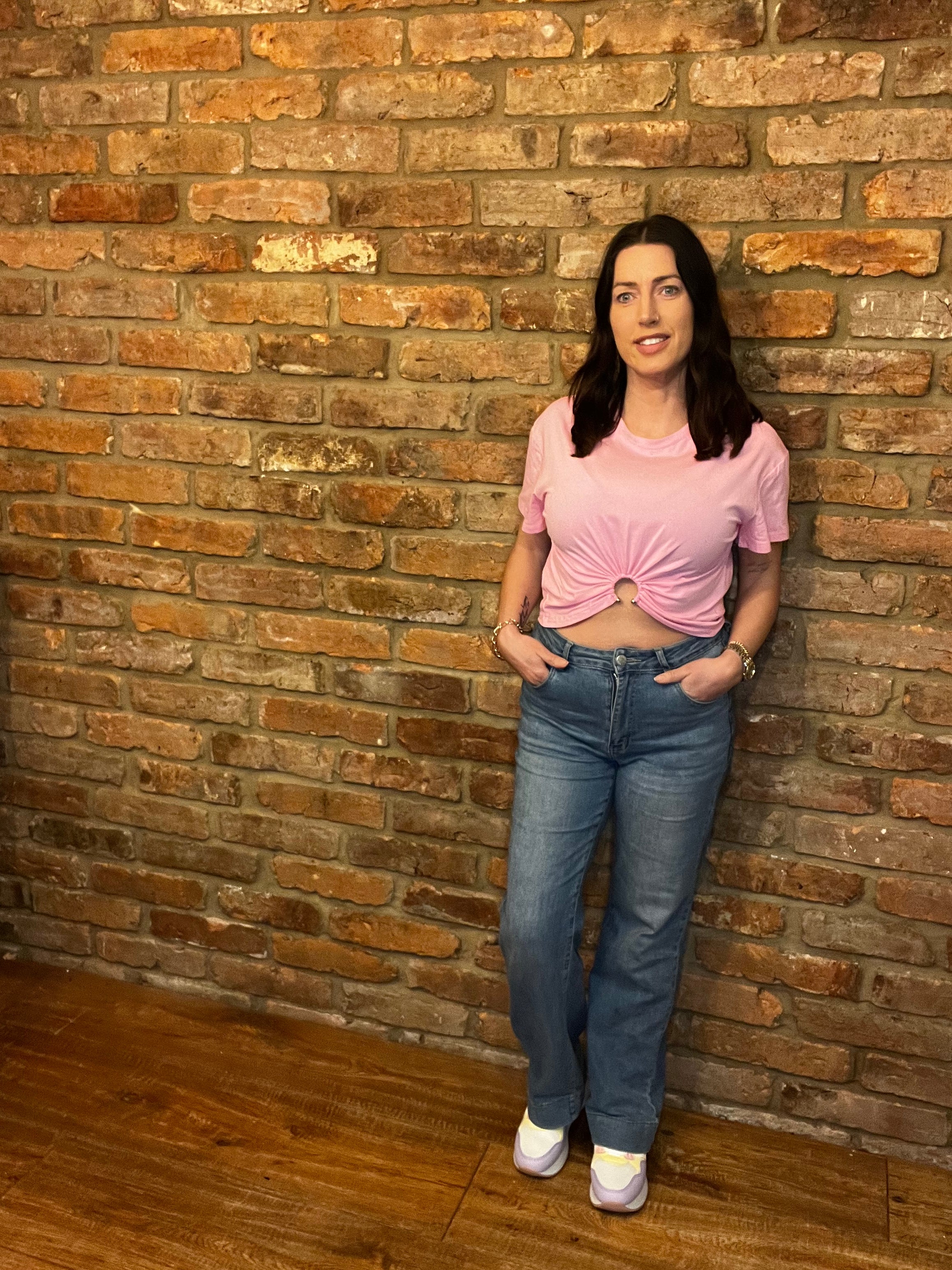 Pink hoop detail cropped t shirt