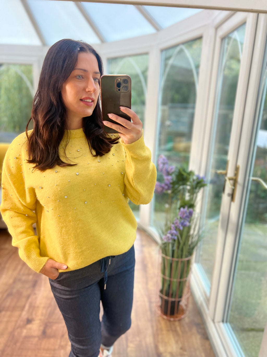 Yellow embellished knit jumper