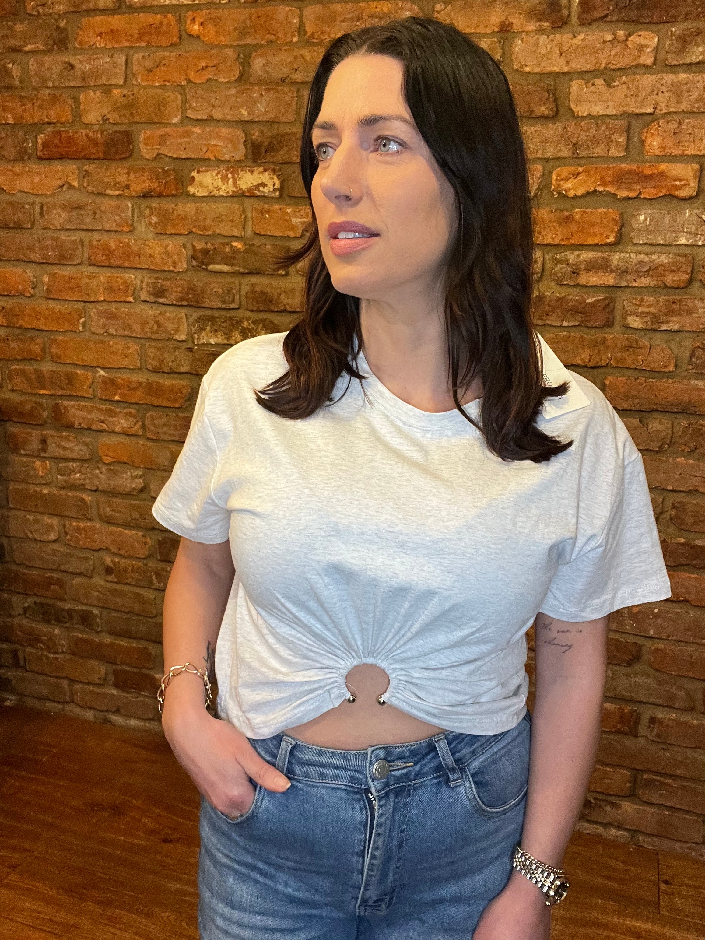 Grey cropped t shirt with hoop detail