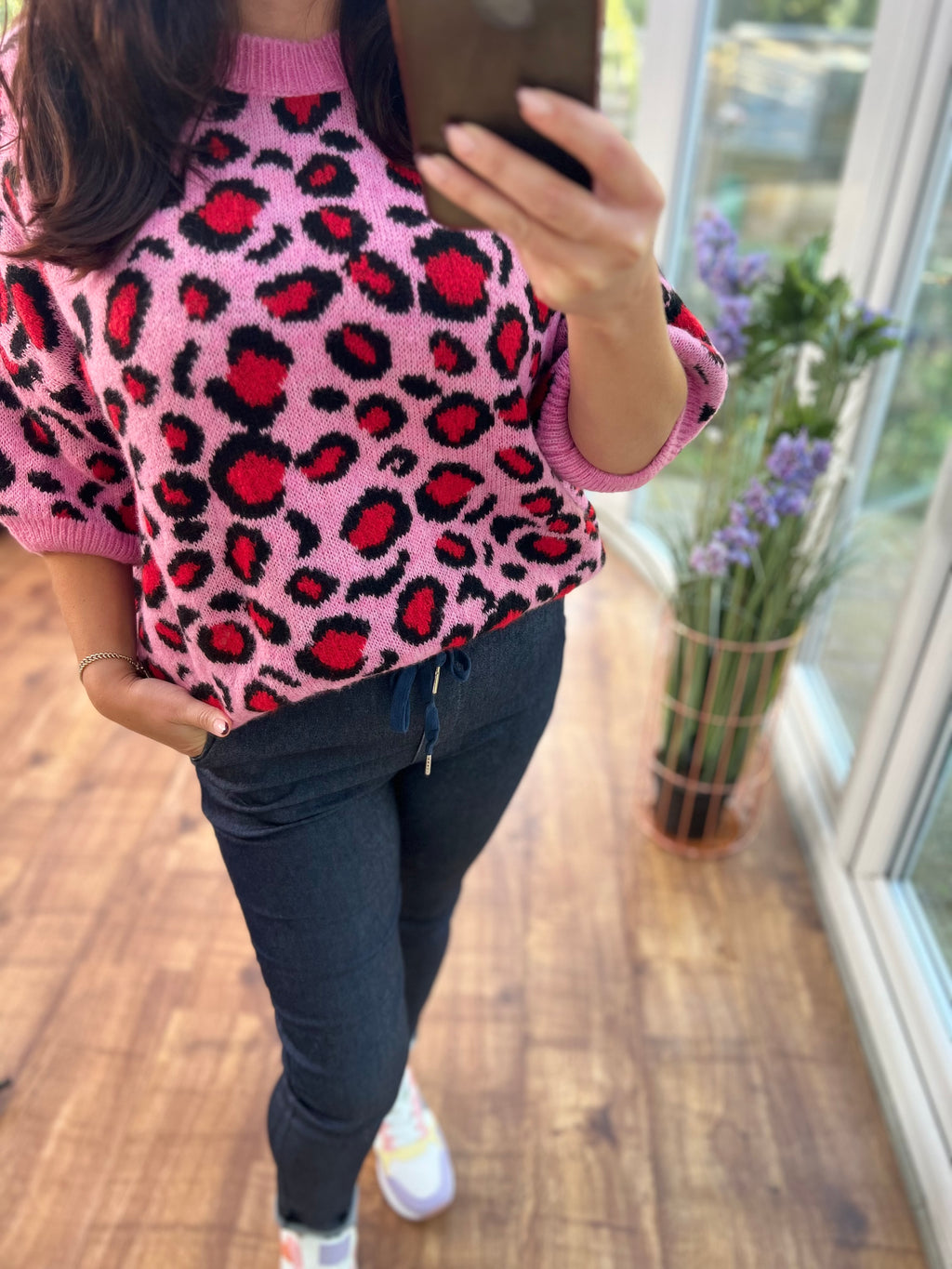 Pink and black leopard print jumper