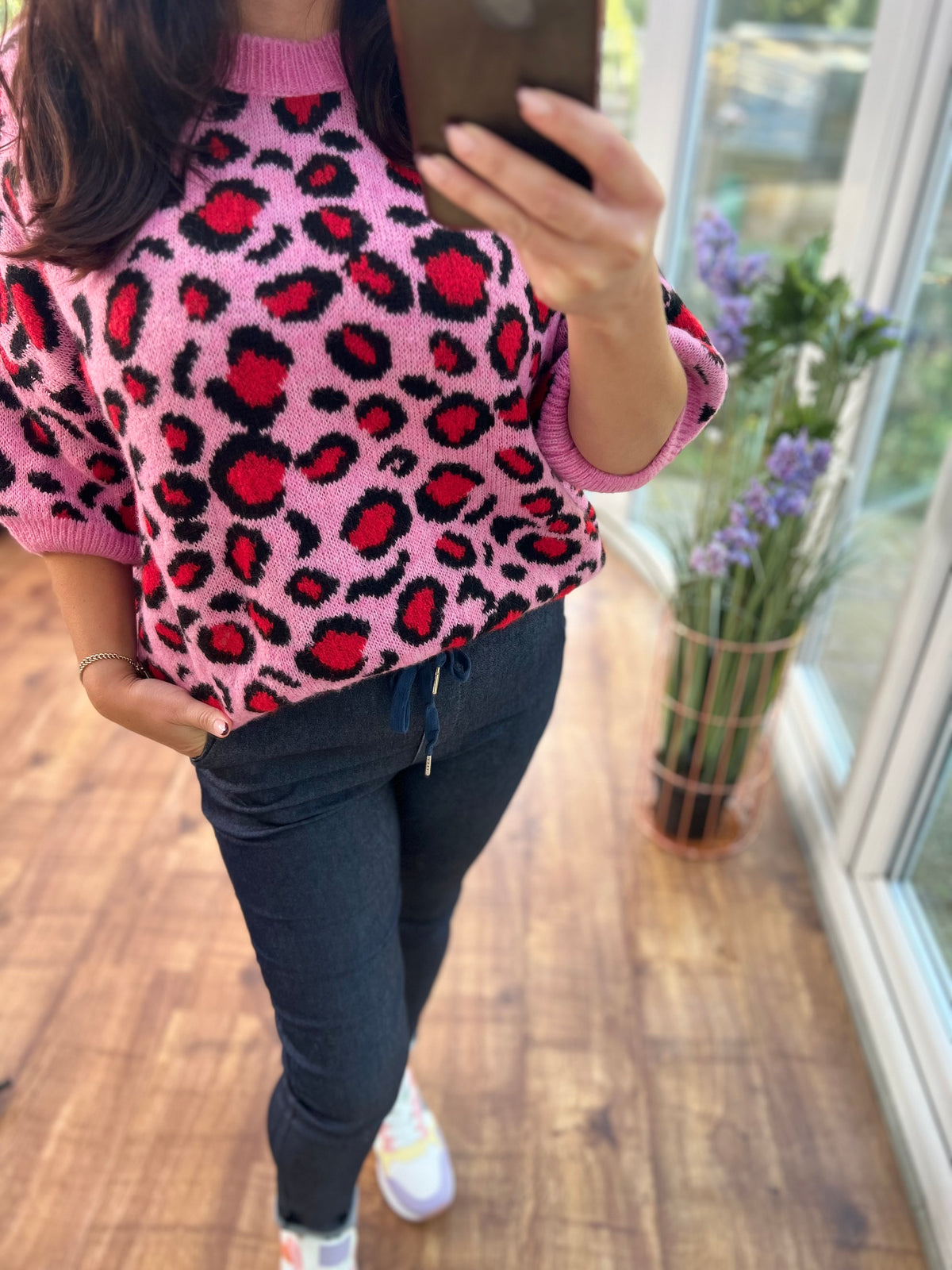Pink and black leopard print jumper