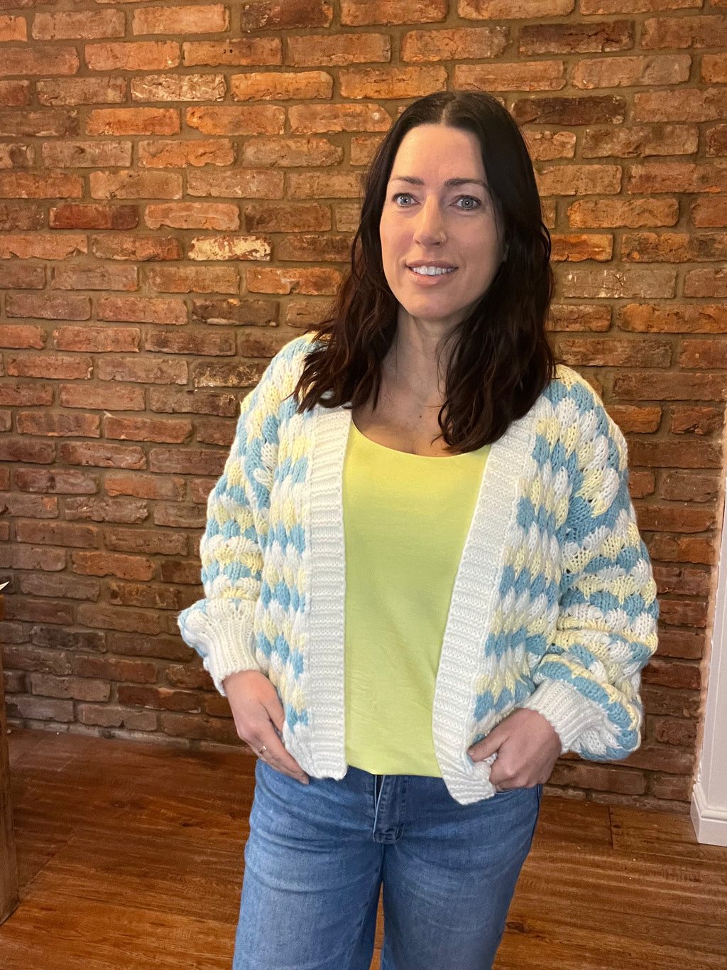 Blue and yellow crochet cardigan
