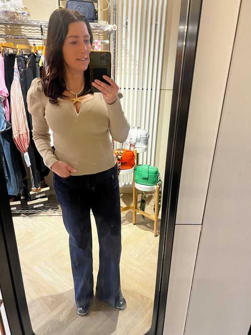 Beige V-Neck Ruched Long-Sleeve Top
