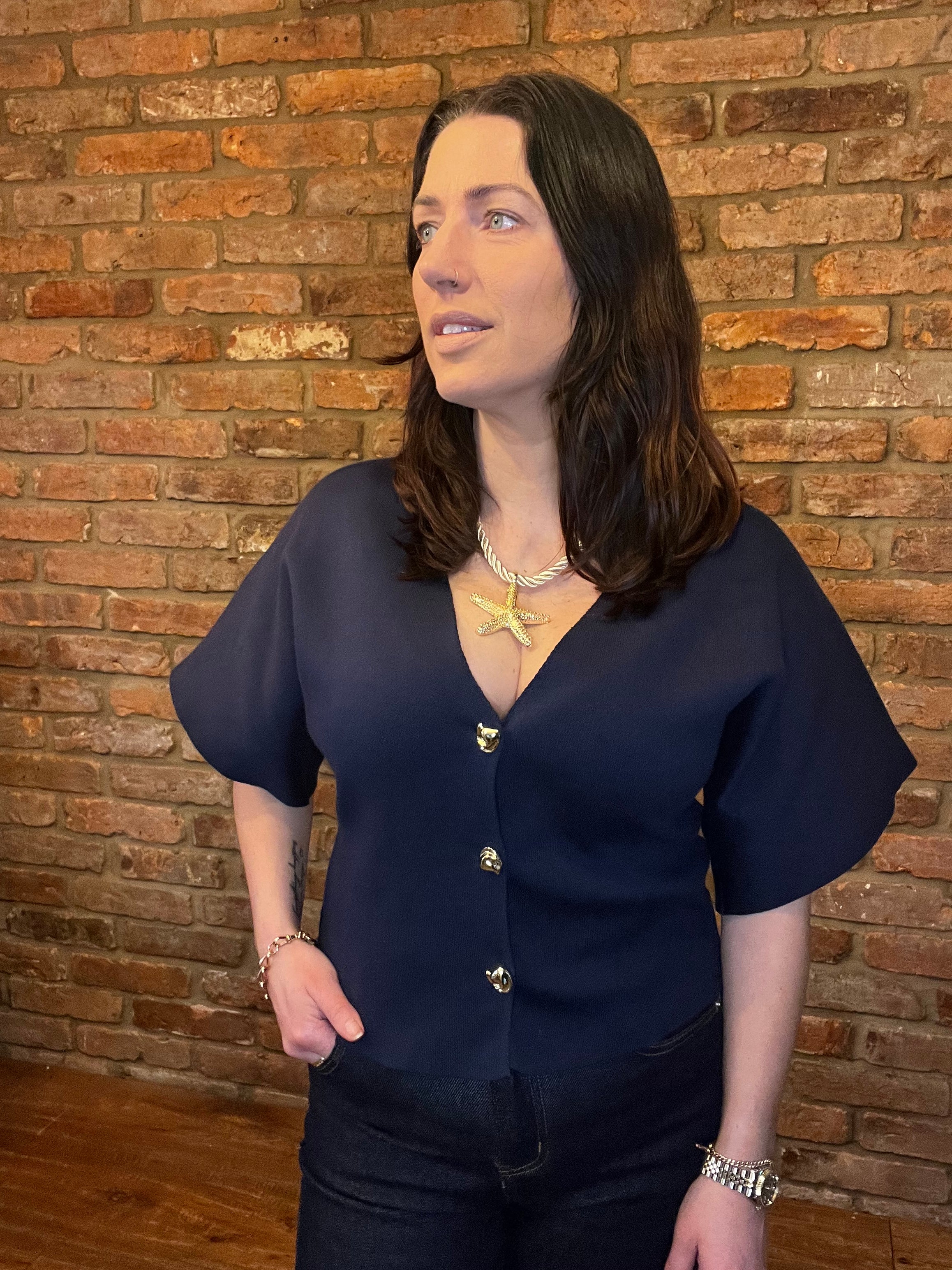 Navy batwing sleeved top