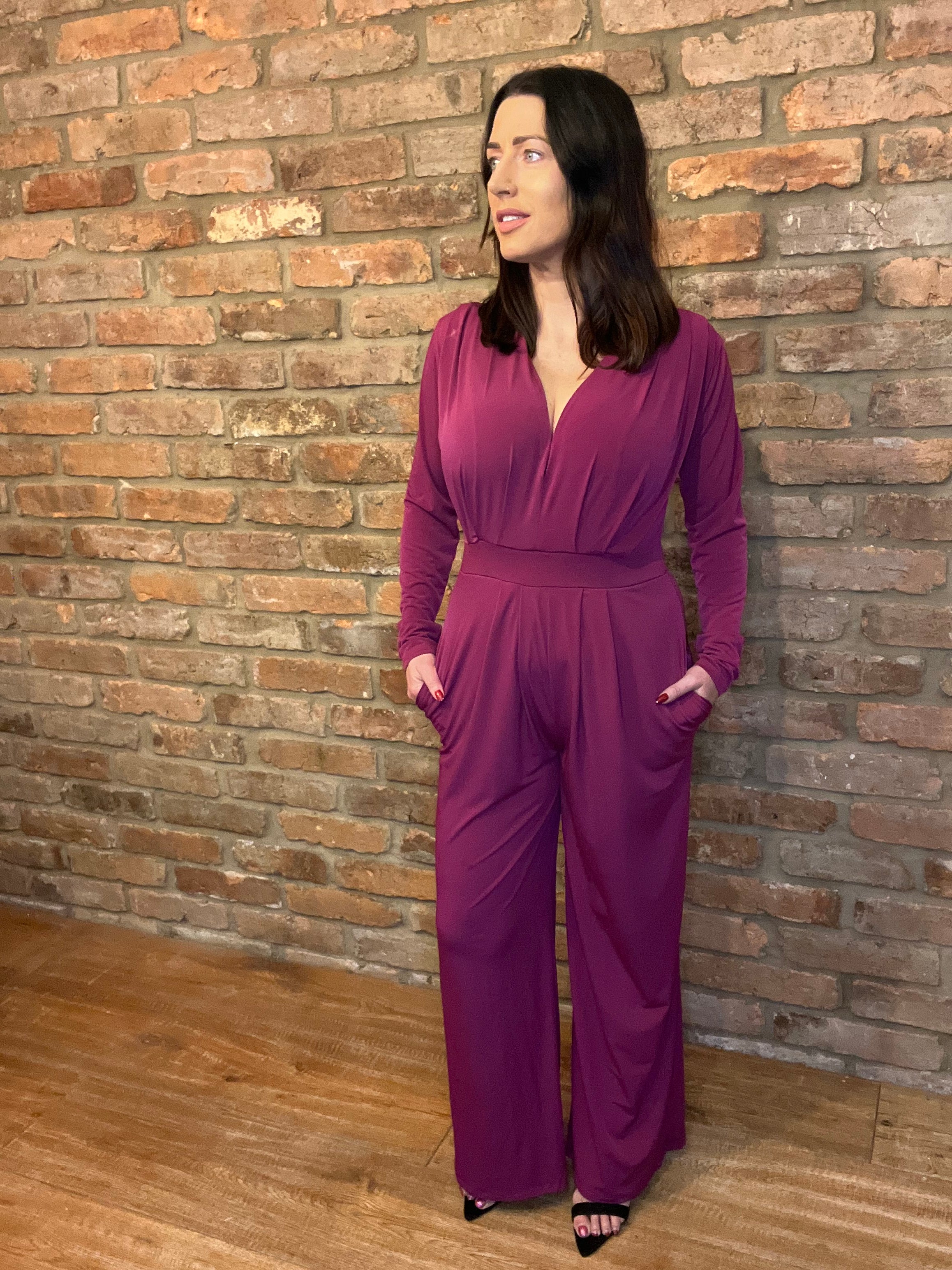Purple Long-Sleeved Jumpsuit with Pockets & V-Neckline
