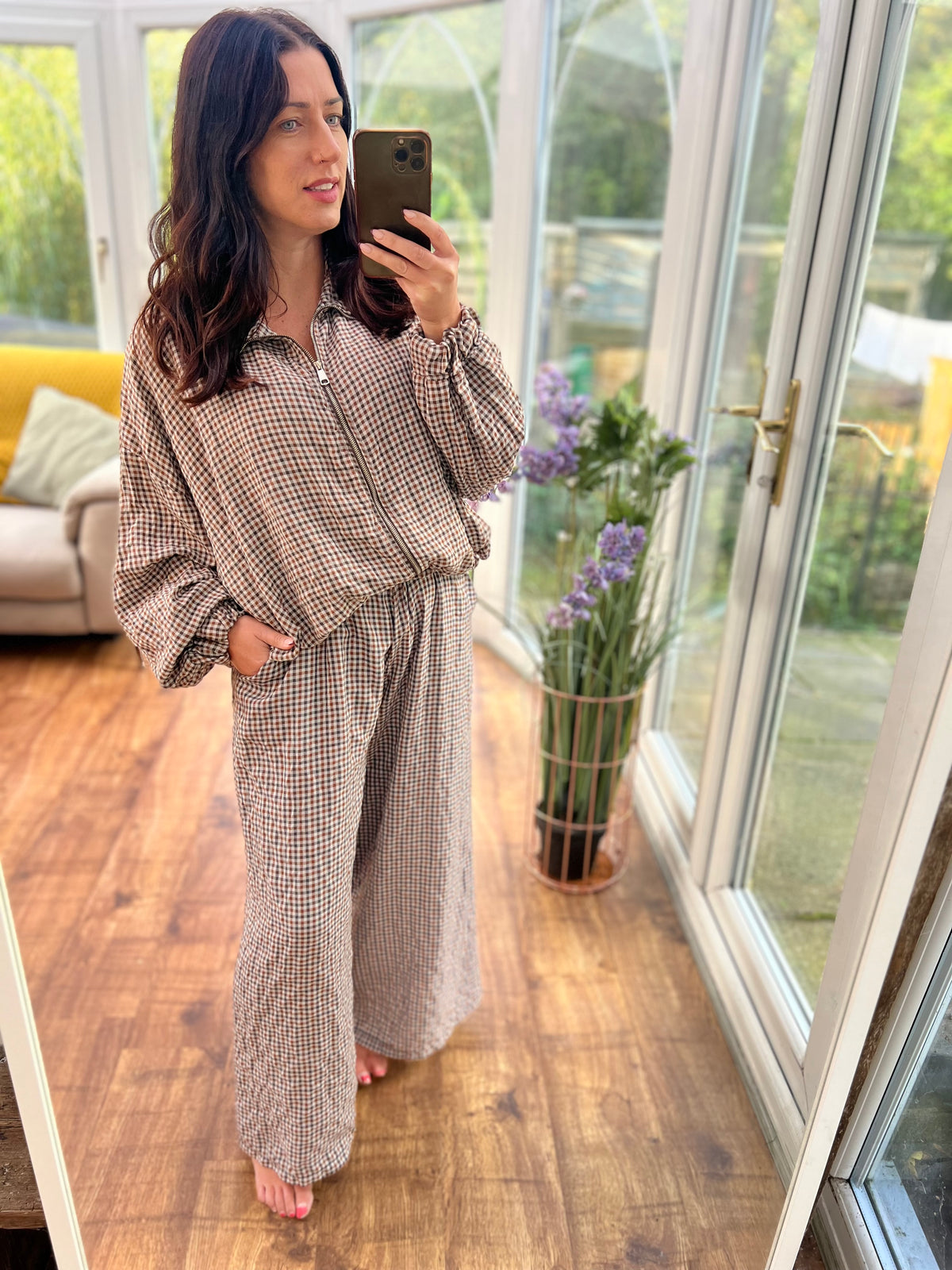 Beige and brown checked co ord