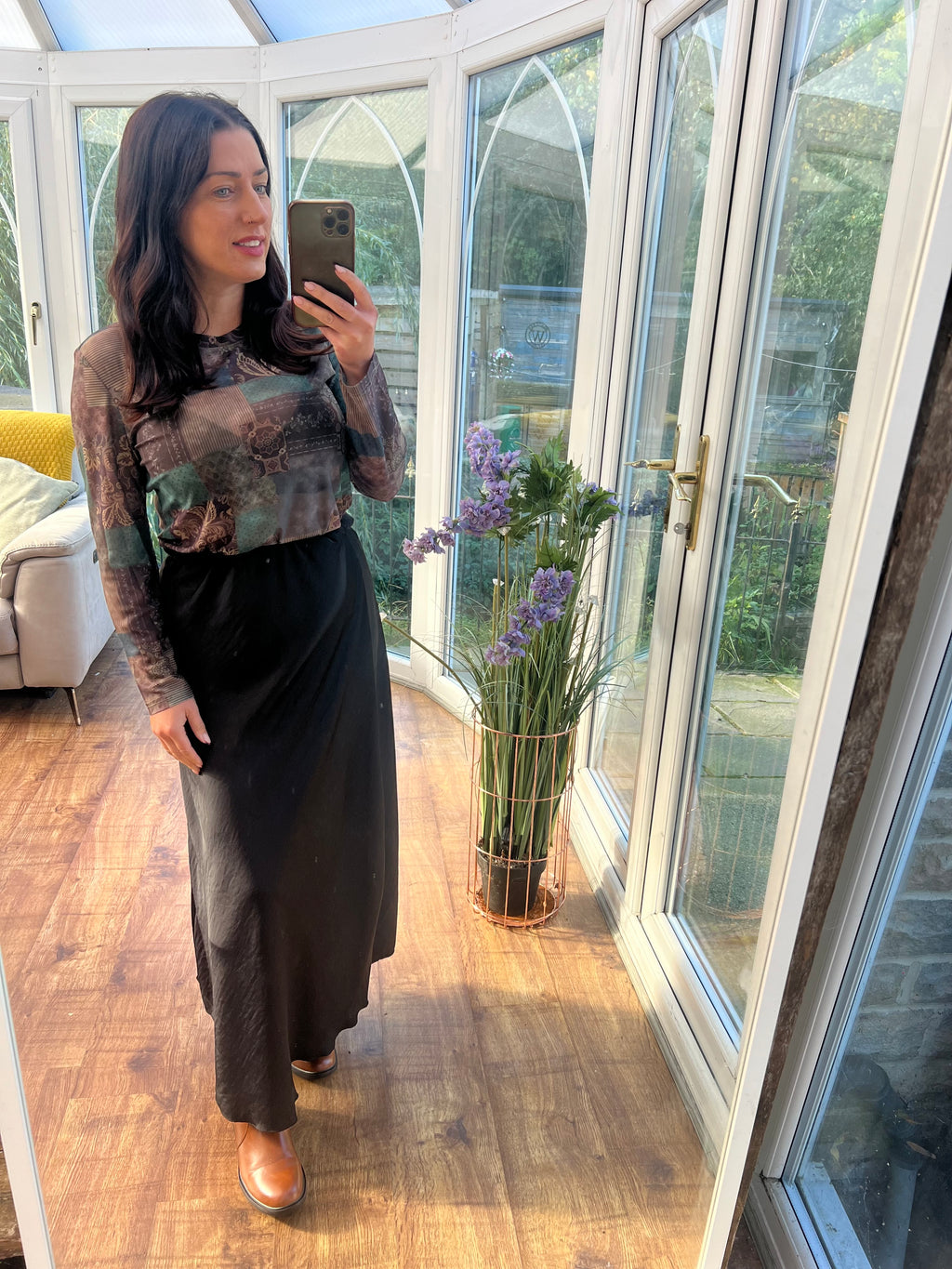 Black Satin Ankle-Length Skirt