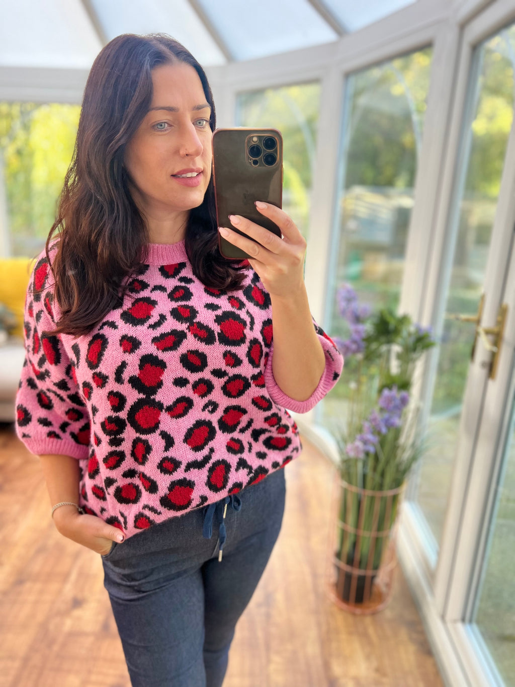 Pink and black leopard print jumper