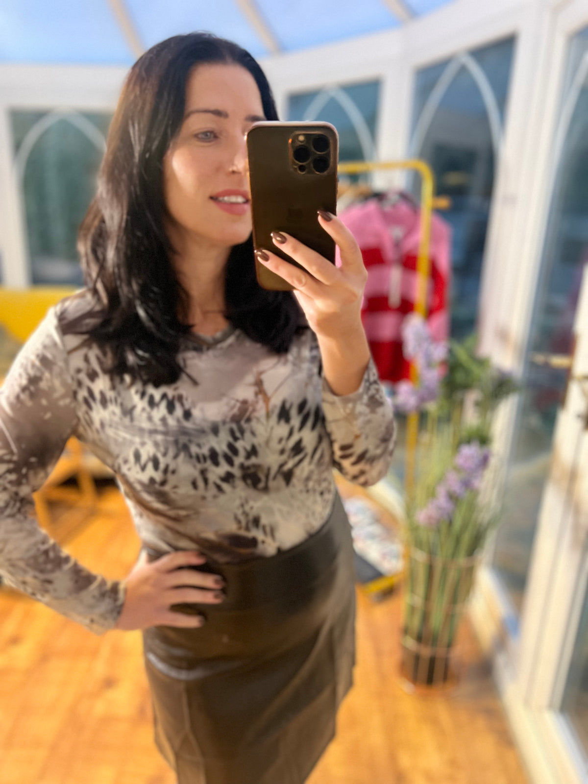 Grey leopard print mesh top