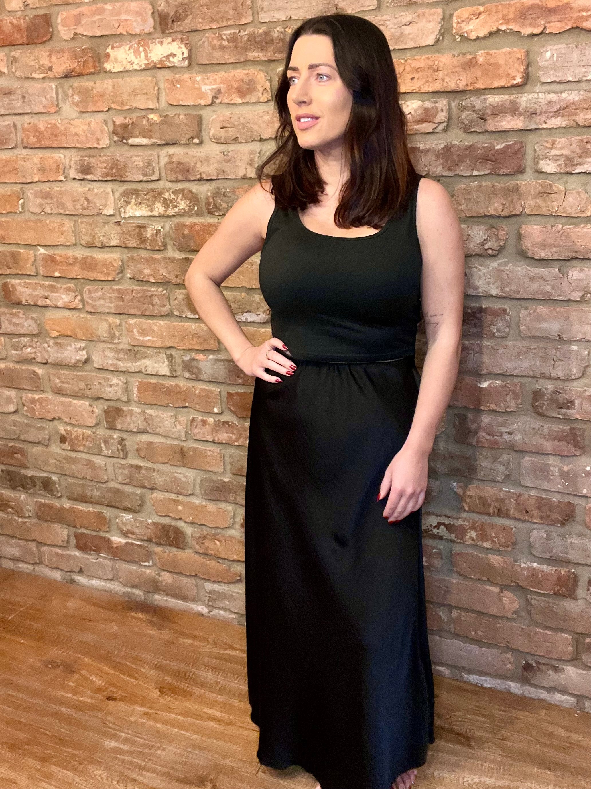 Black Satin Ankle-Length Skirt