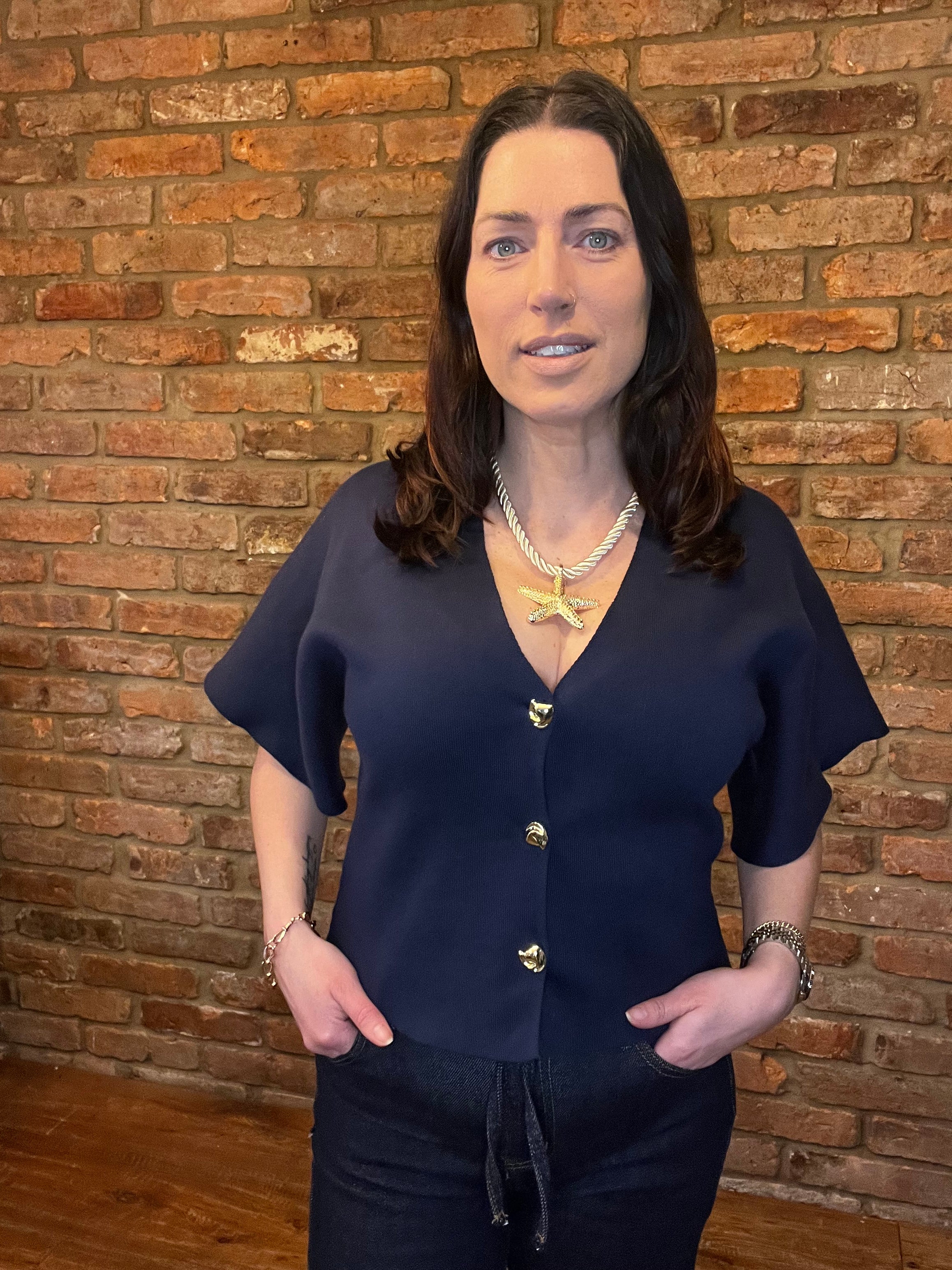 Navy batwing sleeved top