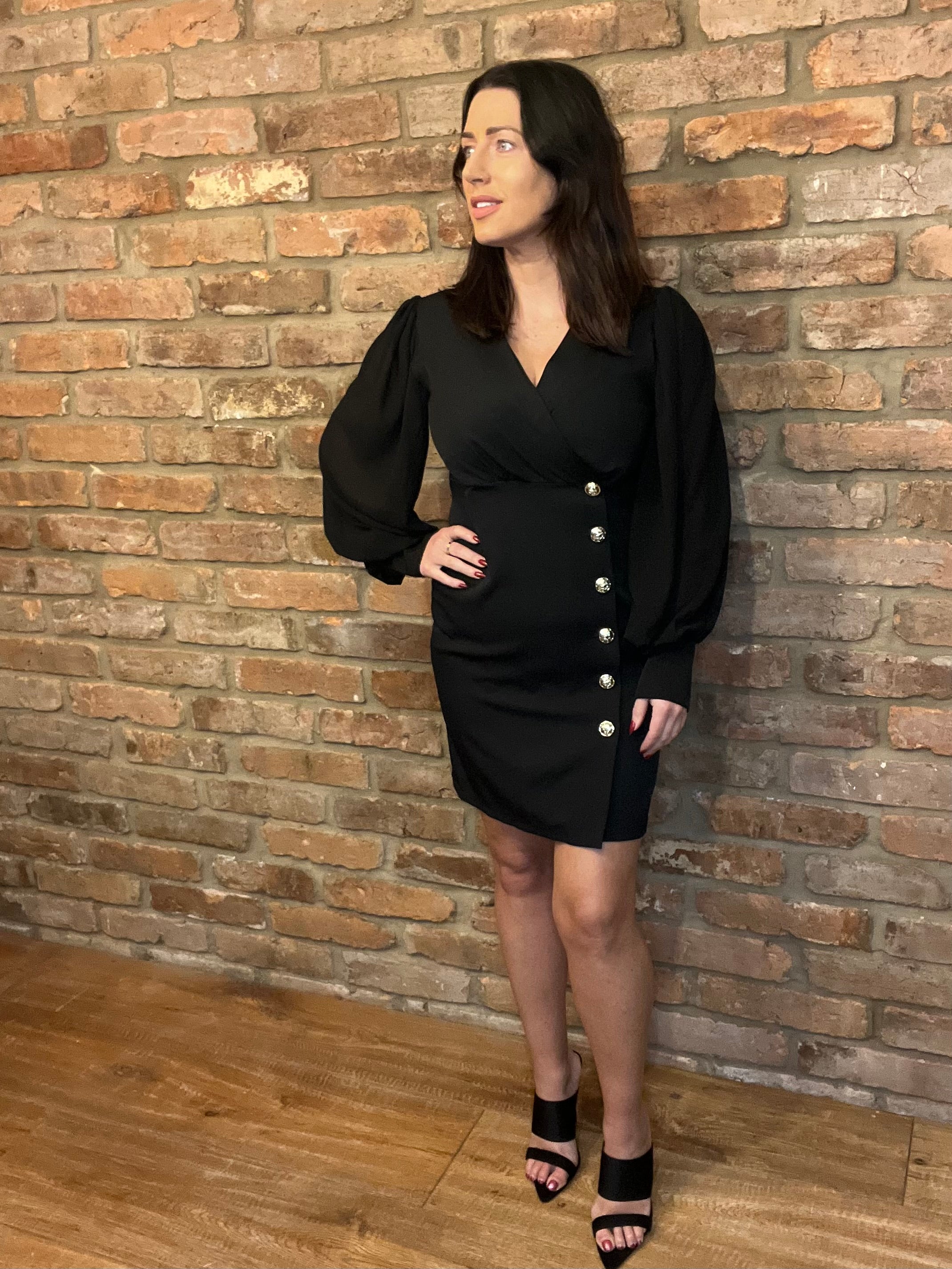 Black Blazer Dress with Gold Button Detail