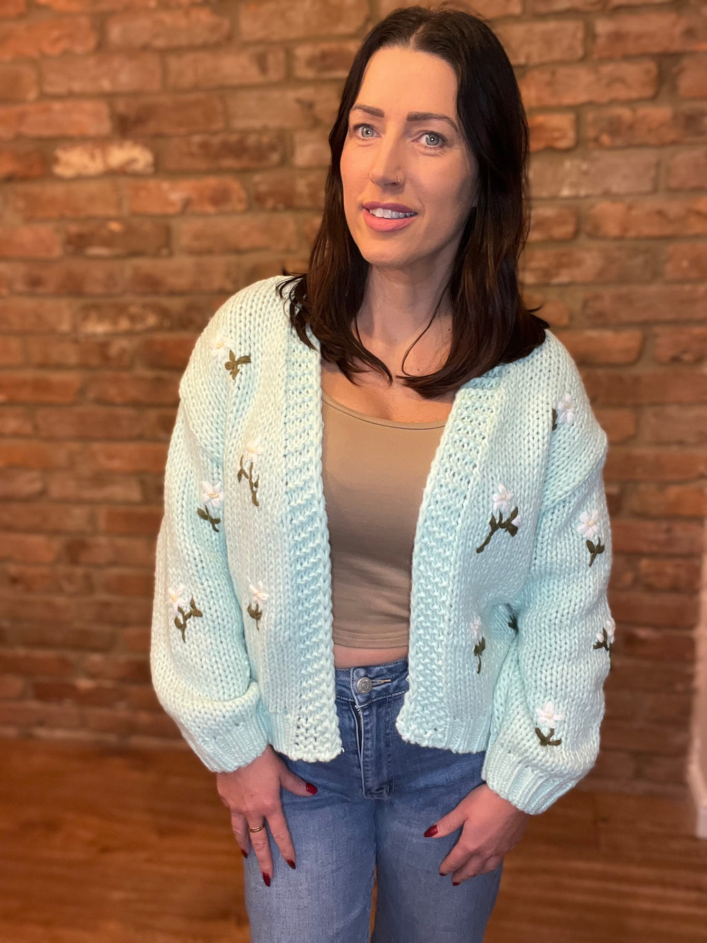 Mint knitted cardigan with floral detail