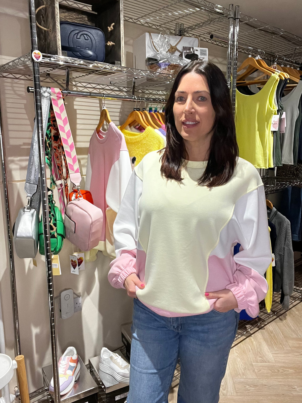 Colour block jumper in pink and yellow