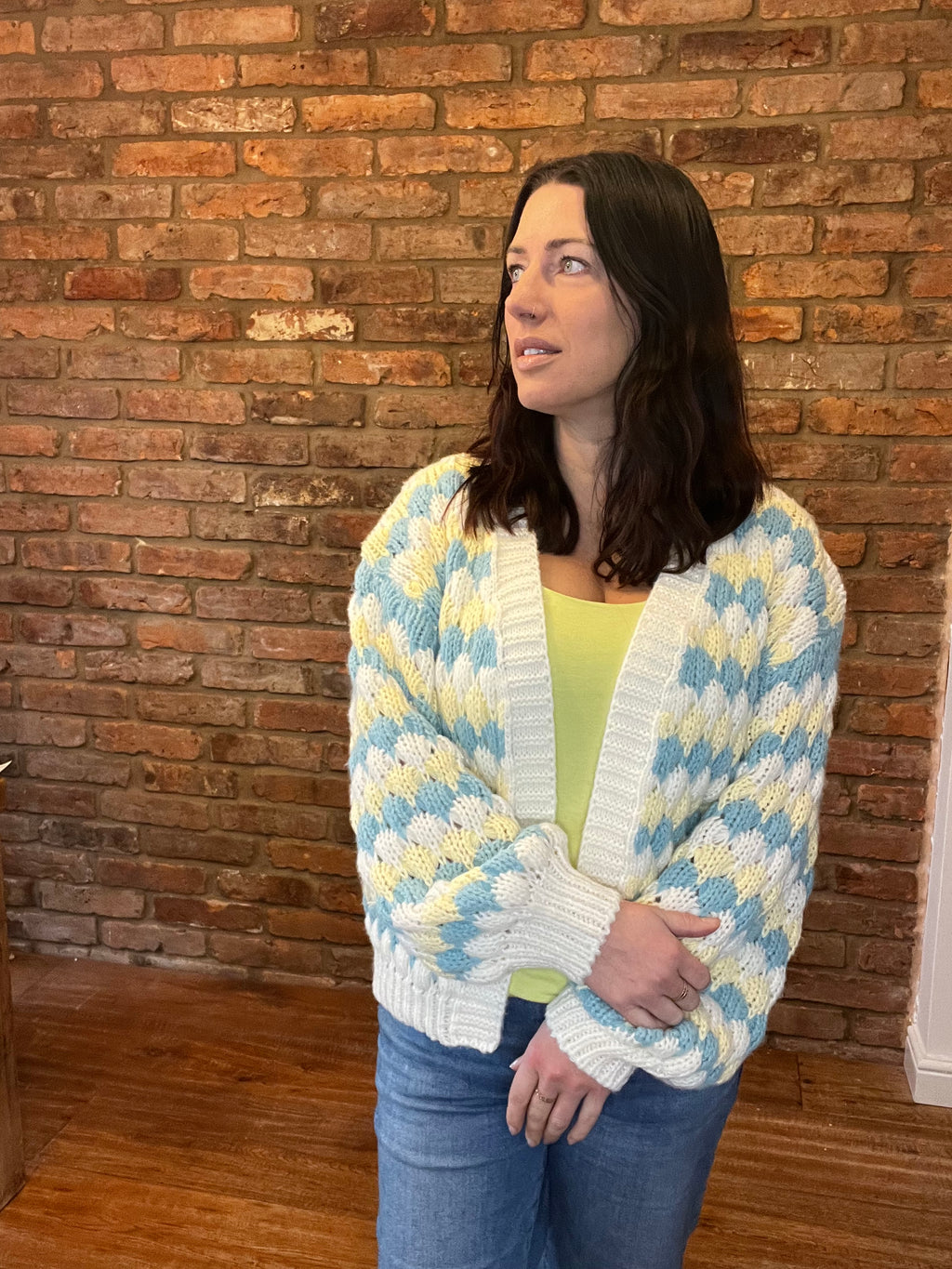 Blue and yellow crochet cardigan