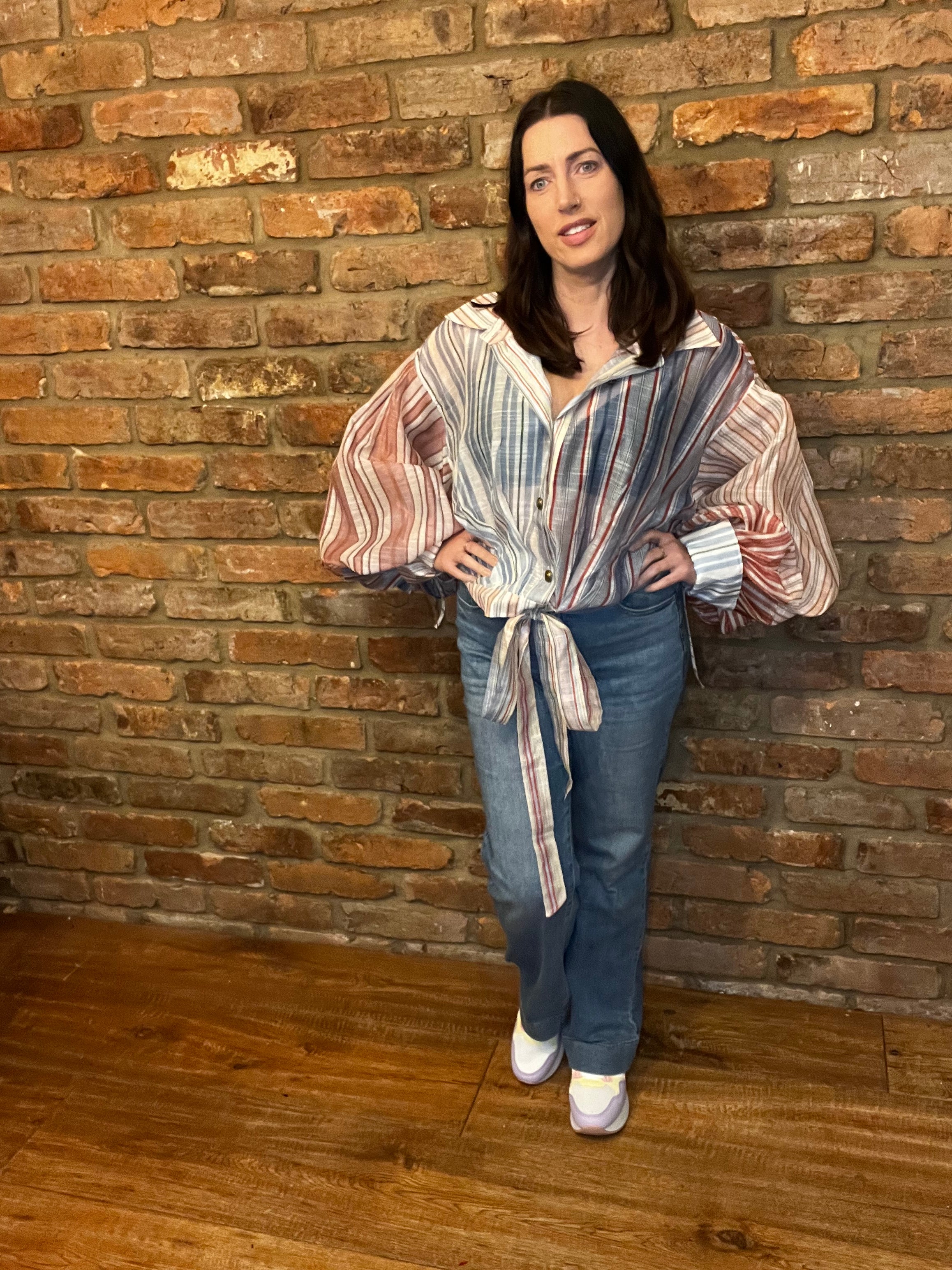 Stripped shirt with puff ball sleeves