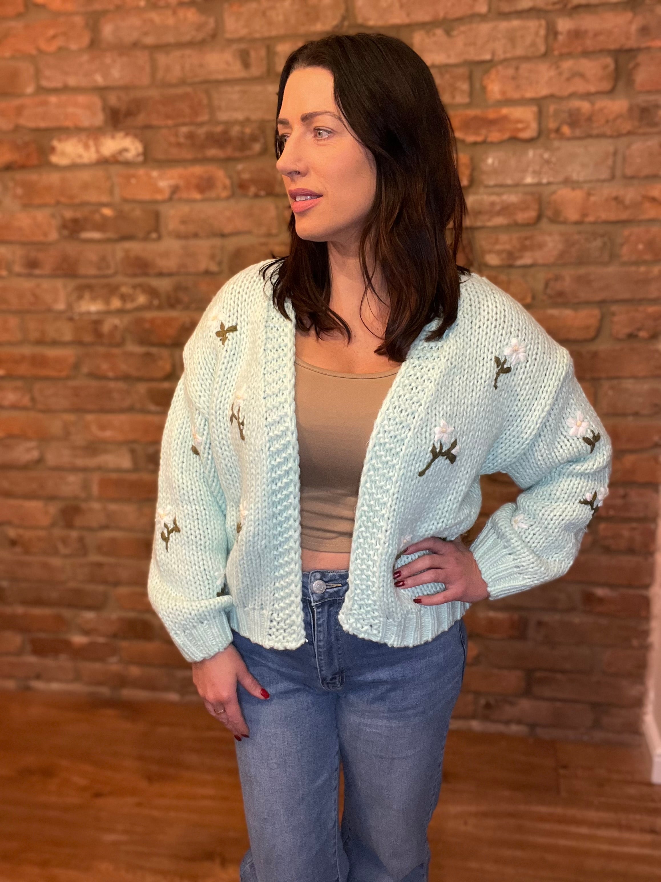 Mint knitted cardigan with floral detail