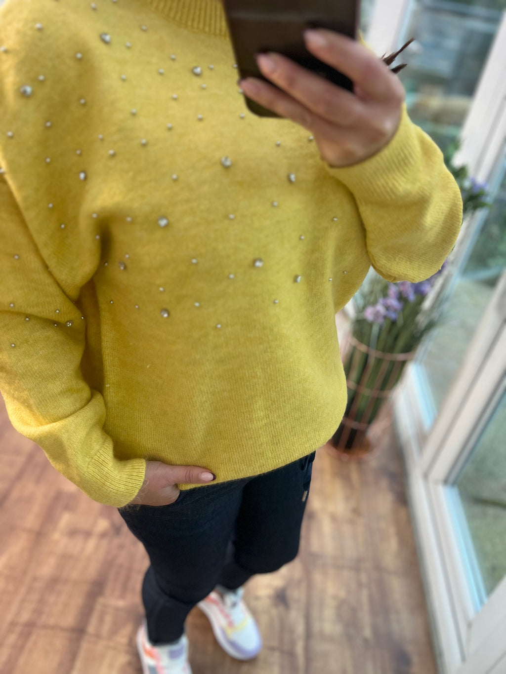 Yellow embellished knit jumper