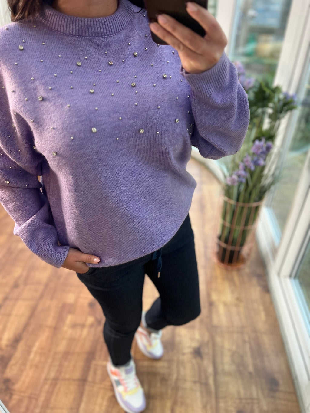 Lilac Pearl detail knit jumper