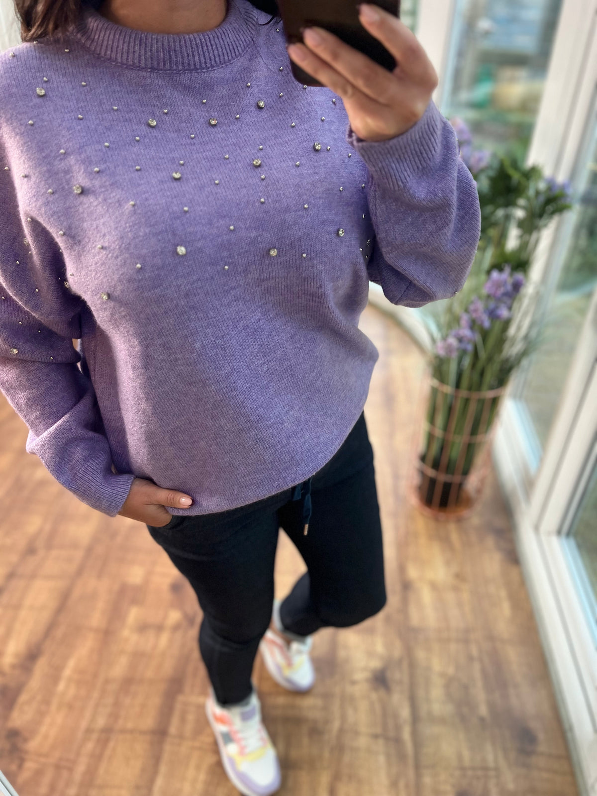 Lilac Pearl detail knit jumper