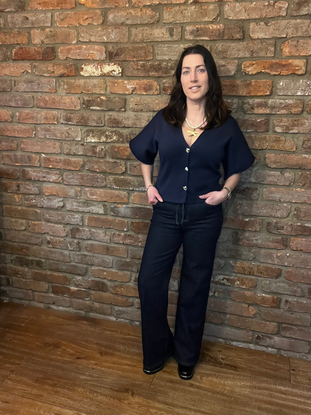 Navy batwing sleeved top
