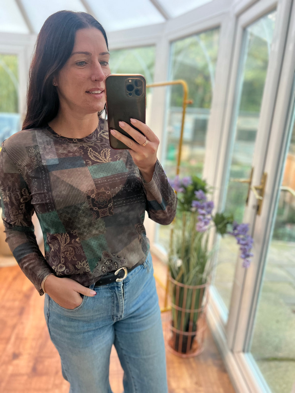 Green and brown mesh top