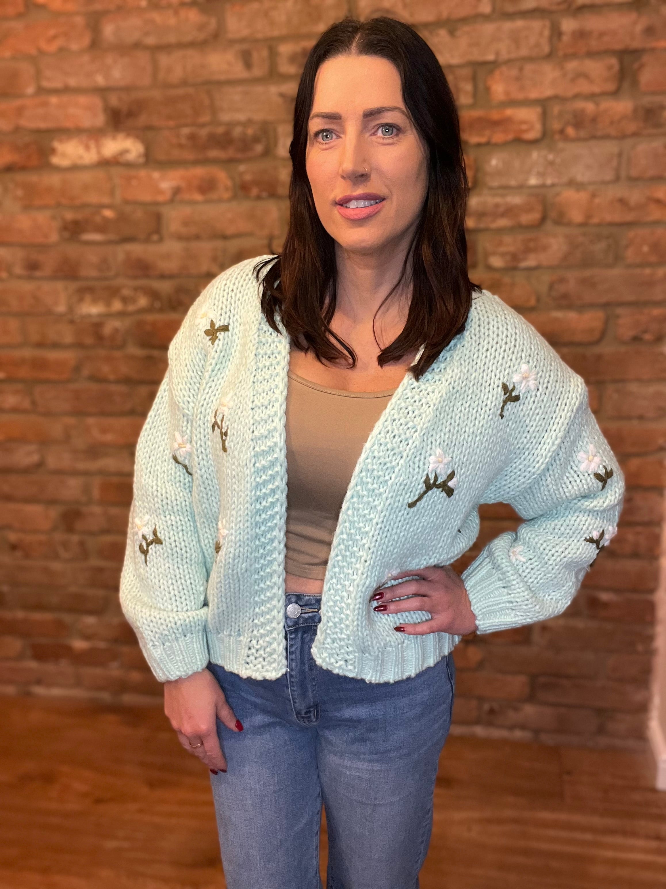 Mint knitted cardigan with floral detail