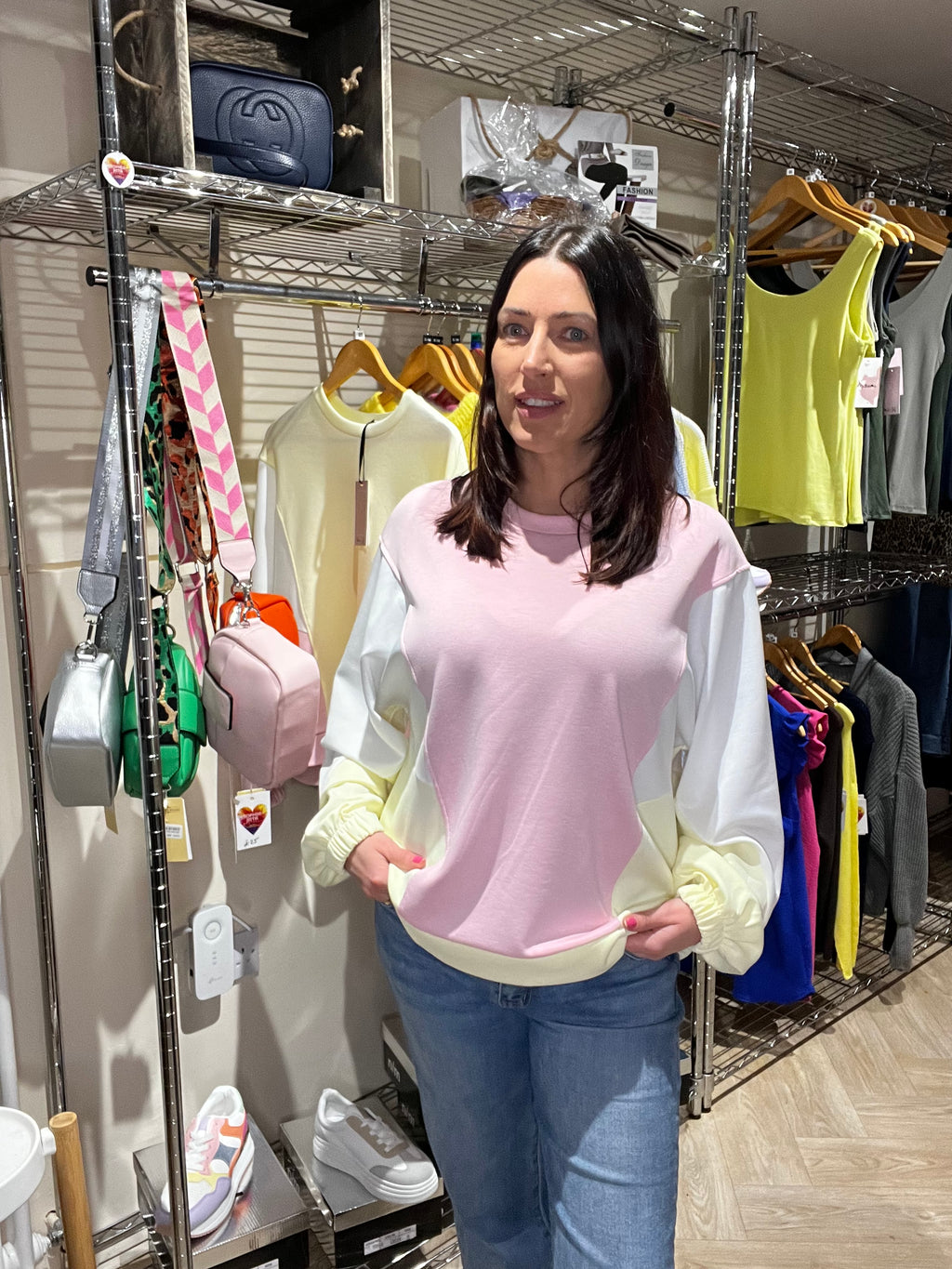 Colour block jumper in pink and yellow