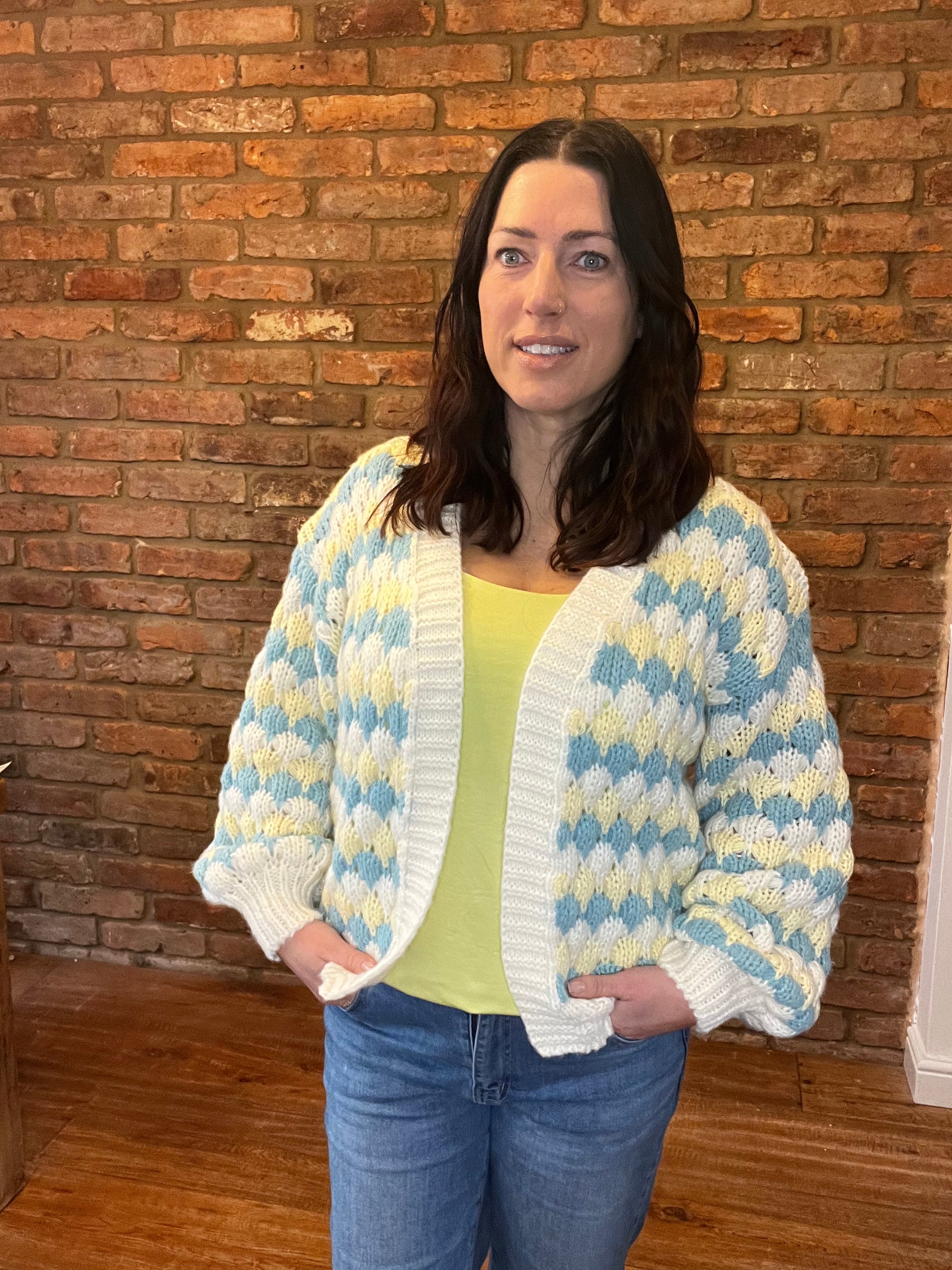 Blue and yellow crochet cardigan