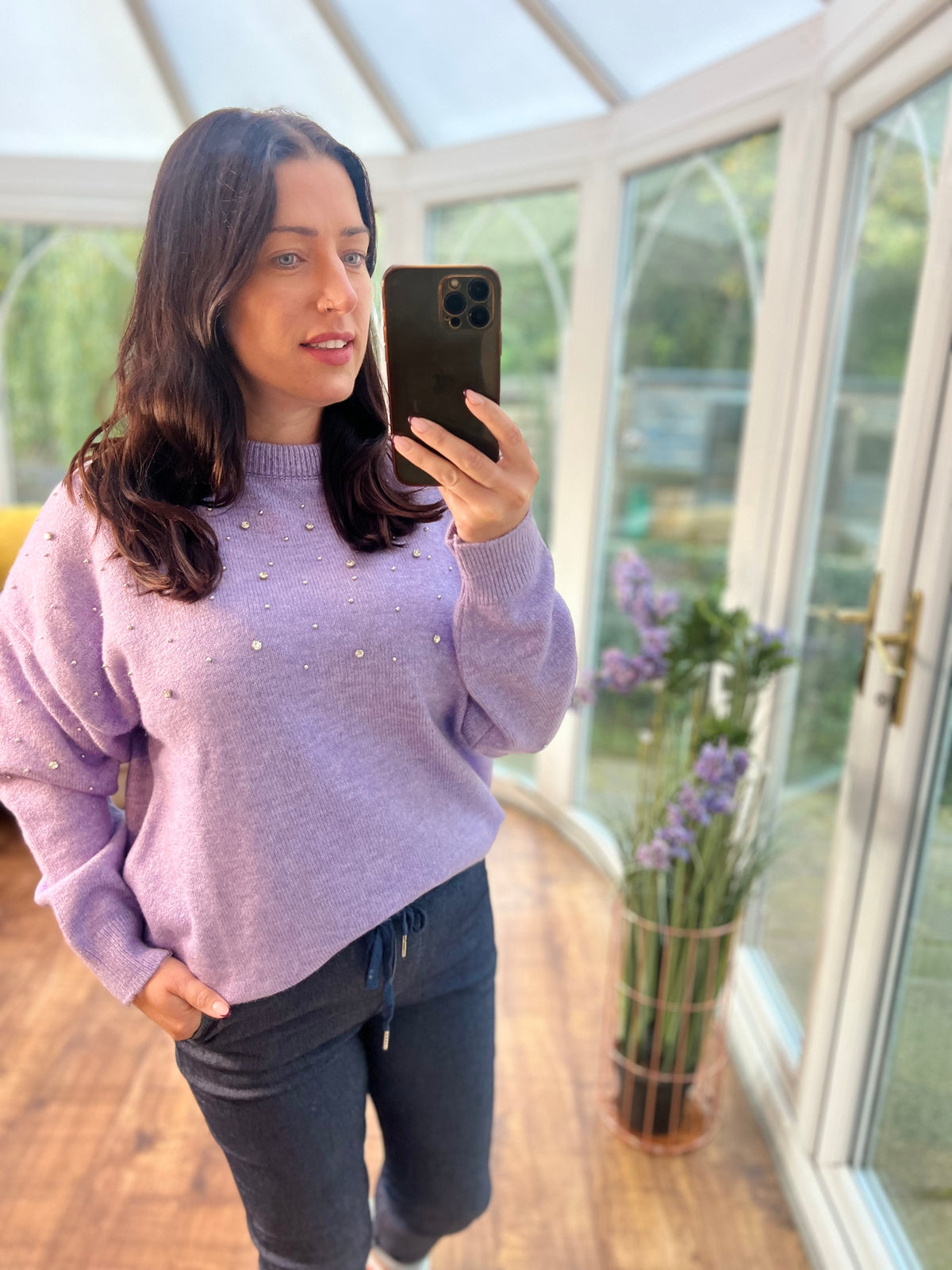 Lilac Pearl detail knit jumper